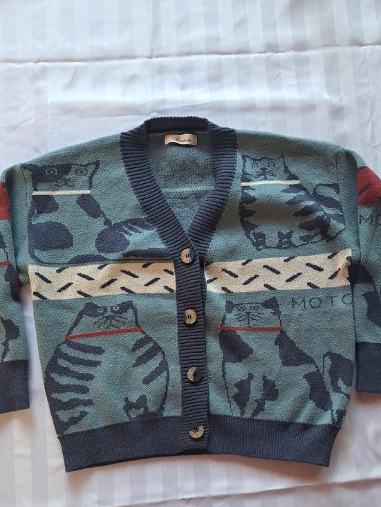 alicesdudu Sweaters - Women's Cat Motif Button-Front Cardigan Sweater - Teal and Navy